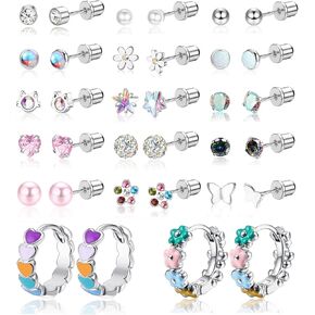 SAILIMUE 17 Pairs Hypoallergenic Earrings for Girls Women Surgical Steel Screw Back Earrings Heart CZ Flower Butterfly Screwback Earrings Studs 20G