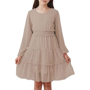 Kids4ever Girls Dress Long Sleeve Round Neck Girls' Solid Casual Dresses 6-13T