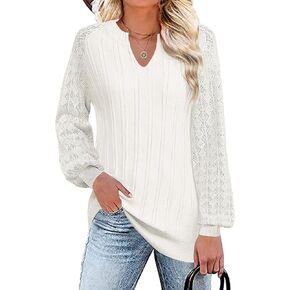 Micoson Womens Lantern Sleeve Sweaters Fashion V Neck Plain Tunic Pullover Casual Hollow Out Knit Tops