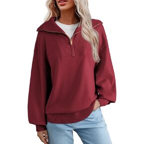 Dokotoo Women's Sweaters Long Lantern Sleeve 1/4 Zip Polo V-Neck Knit Pullover Tops