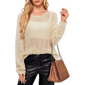 Arach&Cloz 2024 Womens Crochet Tops Wool Blended Sweaters Lightweight Long Sleeve Crew Neck Fall Fashion Knit Outfits