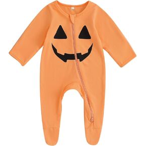 Unisex Halloween Baby Girl Boy Footed Onesie Zip Up Romper Pumpkin Print Footie Zipper Onepiece for Newborn Infant