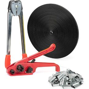 Poly Strapping Tensioner & Cutter Manual Banding Tools Windlass for 1/2" -3/4" Width Polyester Polyproplyn Strap Kit（Black-100m）