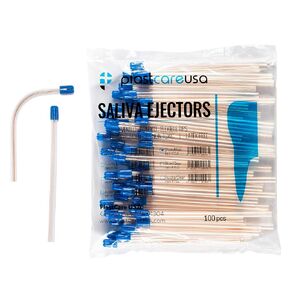 100 Dental Saliva Ejectors Disposable - Medical Grade Latex Free Evacuation Suction Tips - Flexible Clear Tube with Blue Tip (100 Pack) by PlastCare USA