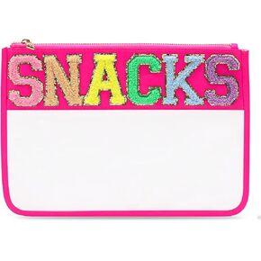 Chenille Letter Hot Pink Snack Pouch - PVC and Nylon Clear Flat Pouch For Travel and Organization, Glitter Travel Bag With Zipper For Women and Children