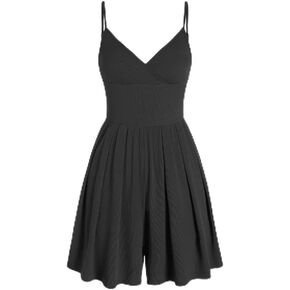 Women's Plain Backless Wrap Cami Romper V Neck Casual Adjustable Spaghetti Strap Wide Leg Jumpsuit for Summer with Pockets