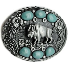 TFJ Men Belt Buckle Western Cowboys Silver Rodeo Buffalo Ox Basin Turquoise Blue