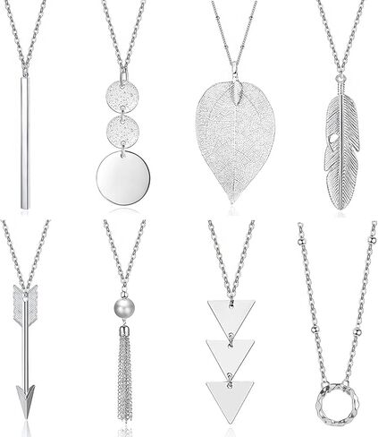 Long Necklaces for Women - Fashion Pendant Necklace Jewelry, Silver Bar Feather Circle Leaf Lock Tassel Y Necklace Jewelry Set for Girls in Saudi Arabia