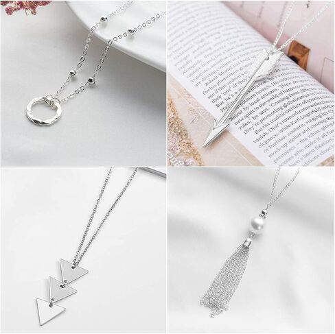 Long Necklaces for Women - Fashion Pendant Necklace Jewelry, Silver Bar Feather Circle Leaf Lock Tassel Y Necklace Jewelry Set for Girls in Saudi Arabia