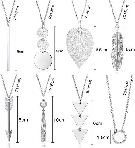 Long Necklaces for Women - Fashion Pendant Necklace Jewelry, Silver Bar Feather Circle Leaf Lock Tassel Y Necklace Jewelry Set for Girls in Saudi Arabia
