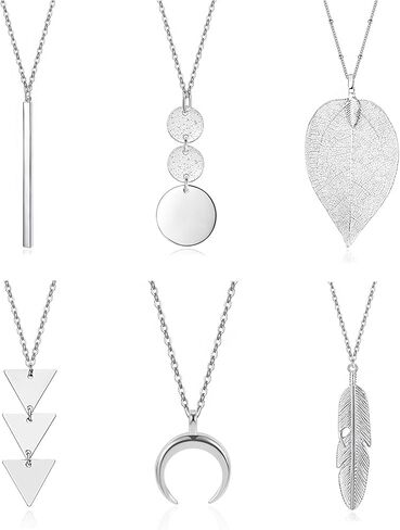 Long Necklaces for Women - Fashion Pendant Necklace Jewelry, Silver Bar Feather Circle Leaf Lock Tassel Y Necklace Jewelry Set for Girls in Saudi Arabia