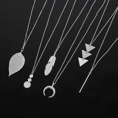 Long Necklaces for Women - Fashion Pendant Necklace Jewelry, Silver Bar Feather Circle Leaf Lock Tassel Y Necklace Jewelry Set for Girls in Saudi Arabia