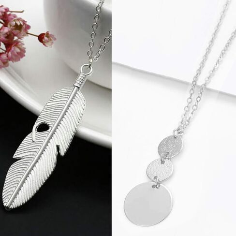 Long Necklaces for Women - Fashion Pendant Necklace Jewelry, Silver Bar Feather Circle Leaf Lock Tassel Y Necklace Jewelry Set for Girls in Saudi Arabia