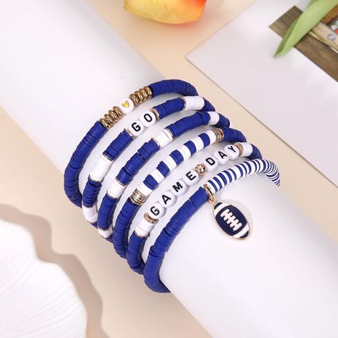 FAERLIIRY Game Day Bracelets for Women Football Bracelets Stackable Heishi Beaded Stretch Bracelets Sport Fan Bracelet Football Charm Bracelet Bangles Football Mom Accessories Outfits Jewelry in Kuwait