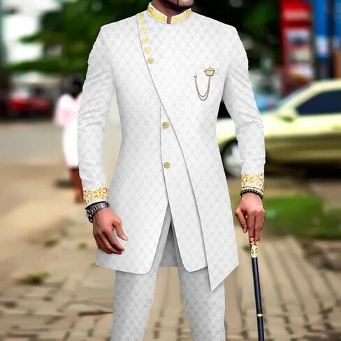 Men's Suit Double Breasted Slim Fit Embroidery Chain Blazer and Pants Set Dashiki Outfits African Clothes in Saudi Arabia