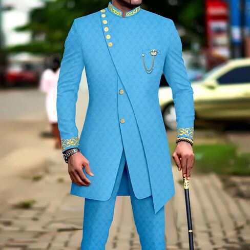 Men's Suit Double Breasted Slim Fit Embroidery Chain Blazer and Pants Set Dashiki Outfits African Clothes in Saudi Arabia