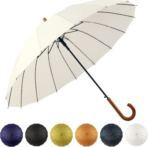 16 Ribs 48" Stick Umbrella Auto Open Solid Color Fashionable and Simple，Arc Classic Wood Handle，Windproof Unbreakable Stick Rain Umbrella(creamwhite) in Saudi Arabia