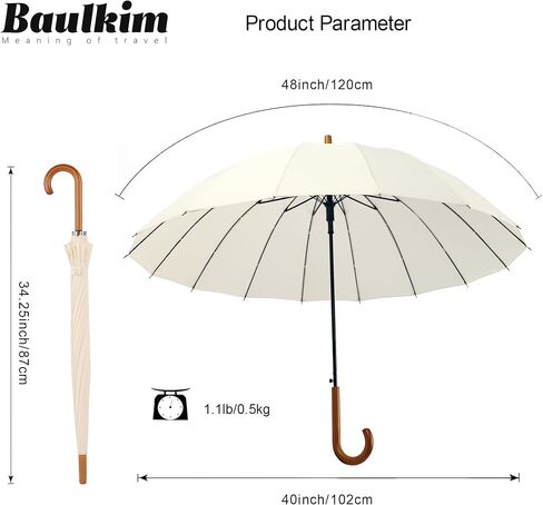 16 Ribs 48" Stick Umbrella Auto Open Solid Color Fashionable and Simple，Arc Classic Wood Handle，Windproof Unbreakable Stick Rain Umbrella(creamwhite) in Saudi Arabia