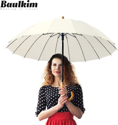 16 Ribs 48" Stick Umbrella Auto Open Solid Color Fashionable and Simple，Arc Classic Wood Handle，Windproof Unbreakable Stick Rain Umbrella(creamwhite) in Saudi Arabia