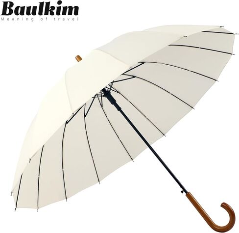 16 Ribs 48" Stick Umbrella Auto Open Solid Color Fashionable and Simple，Arc Classic Wood Handle，Windproof Unbreakable Stick Rain Umbrella(creamwhite) in Saudi Arabia