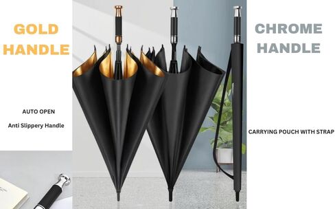 مظلة فاخرة، مصممة لأداء فائق مع حماية فائقة مقاومة للماء من الأشعة فوق البنفسجية ومقبض من ألياف الكربون المفتوحة تلقائيًا ومقاوم للرياح (أسود/كروم) in Kuwait