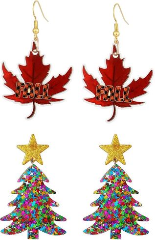 2 pairs Christmas Thanksgiving Earrings for Women Christmas Wooden Painted Teardrop Dangle Earring Holiday Christmas Jewelry in Saudi Arabia