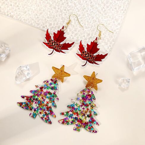 2 pairs Christmas Thanksgiving Earrings for Women Christmas Wooden Painted Teardrop Dangle Earring Holiday Christmas Jewelry in Saudi Arabia
