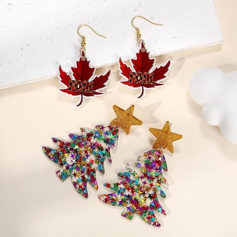 2 pairs Christmas Thanksgiving Earrings for Women Christmas Wooden Painted Teardrop Dangle Earring Holiday Christmas Jewelry in Saudi Arabia