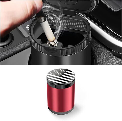 Car Ashtray with Lid, Detachable Ash Container for Vehicles Cup Holder, USA Flag Cigarette Smokeless Cylinder Mini Trash Can, Portable Auto Accessories Mini Trash Can for Office Home (Black) in Saudi Arabia