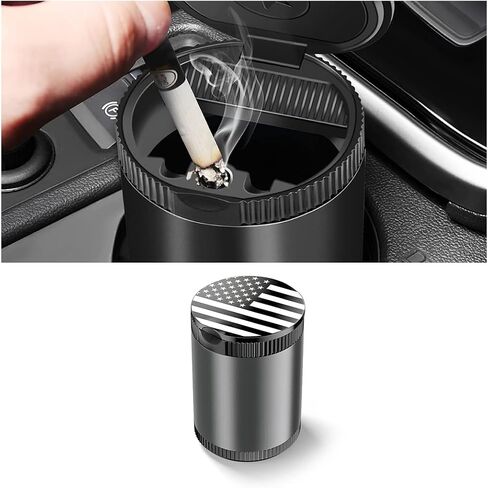 Car Ashtray with Lid, Detachable Ash Container for Vehicles Cup Holder, USA Flag Cigarette Smokeless Cylinder Mini Trash Can, Portable Auto Accessories Mini Trash Can for Office Home (Black) in Saudi Arabia
