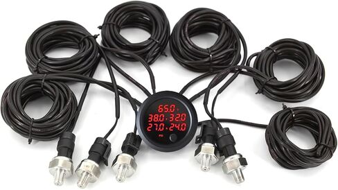 New Upgrade 12V/24V Five Pressure Air Pressure Gauge 2Inch(52mm) 0-232PSI with 5Pcs 1/8NPT Sensors and 16.5ft (5M) Sensor Cable LCD Blue in Saudi Arabia