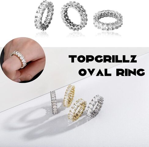 TOPGRILLZ مثلج خارج الرغيف الفرنسي خاتم بيضاوي مكعب زركونيا الماس 14K الذهب والفضة الفرقة الخنصر الخلود الدائري للرجال والنساء in Kuwait