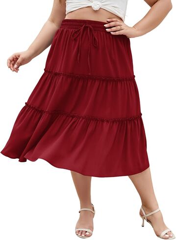 LALAGEN Womens Plus Size Boho Midi Skirt Elastic High Waist Summer Flowy A Line Long Midi Skirt with Pockets in Saudi Arabia