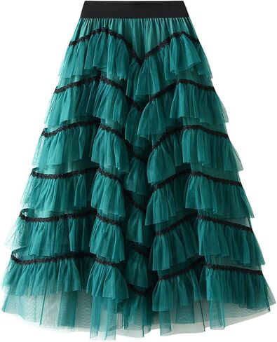Women's Mid-Length Lace A-line Skirt Multi-Lay Casual Tulle Mesh Irregular Pleated Dance Skirts in Saudi Arabia
