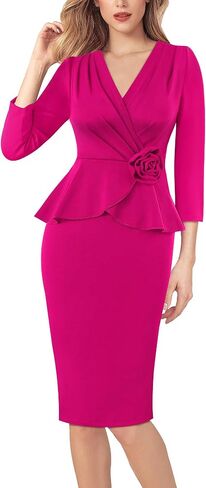 VFSHOW Womens 2024 Business Work Office 3D Flower 3/4 Sleeve Faux Wrap V Neck Slim Bodycon Pencil Dress in Kuwait