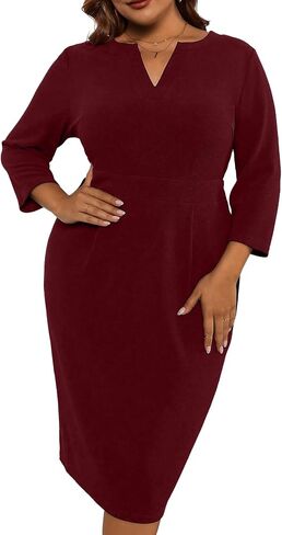 Runwind Women's Plus Size Midi Dresses for Curvy Women Church Work Pencil Dress V Neck 3/4 Sleeve in Saudi Arabia