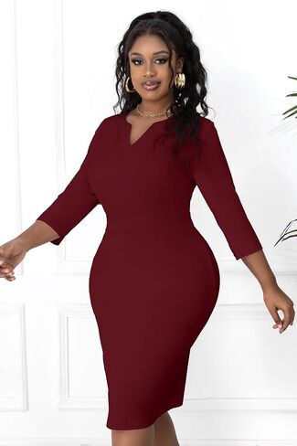 Runwind Women's Plus Size Midi Dresses for Curvy Women Church Work Pencil Dress V Neck 3/4 Sleeve in Saudi Arabia