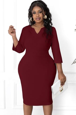 Runwind Women's Plus Size Midi Dresses for Curvy Women Church Work Pencil Dress V Neck 3/4 Sleeve in Saudi Arabia