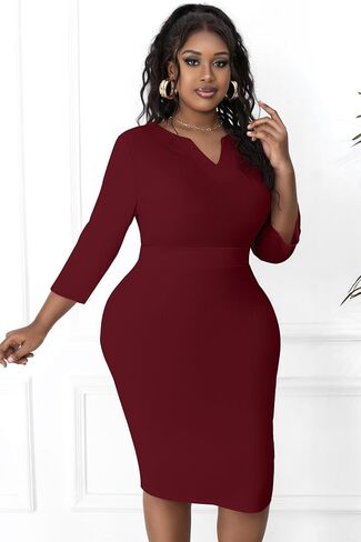 Runwind Women's Plus Size Midi Dresses for Curvy Women Church Work Pencil Dress V Neck 3/4 Sleeve in Saudi Arabia