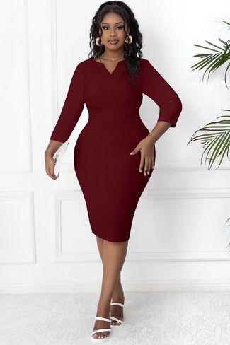Runwind Women's Plus Size Midi Dresses for Curvy Women Church Work Pencil Dress V Neck 3/4 Sleeve in Saudi Arabia