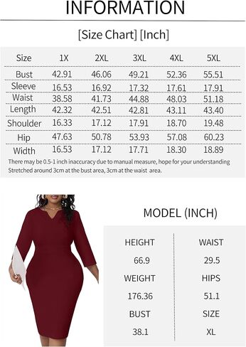 Runwind Women's Plus Size Midi Dresses for Curvy Women Church Work Pencil Dress V Neck 3/4 Sleeve in Saudi Arabia