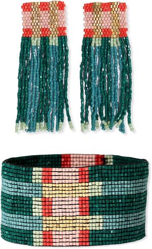 مجموعة مجوهرات بوهو بالحبر + سبيكة مطرزة - أقراط أفا مهدبة ومجموعة أساور بروكلين القابلة للتمدد (بريبي حديثة) in Kuwait