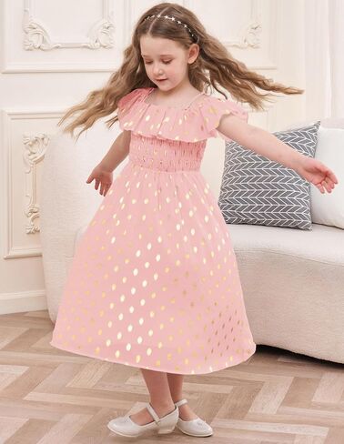 GRACE KARIN Girls Off Shoulder Dress Sleeveless Ruffle Spaghetti Straps Smocked A-Line Chiffon Dress 5-14Y in Saudi Arabia