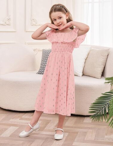 GRACE KARIN Girls Off Shoulder Dress Sleeveless Ruffle Spaghetti Straps Smocked A-Line Chiffon Dress 5-14Y in Saudi Arabia