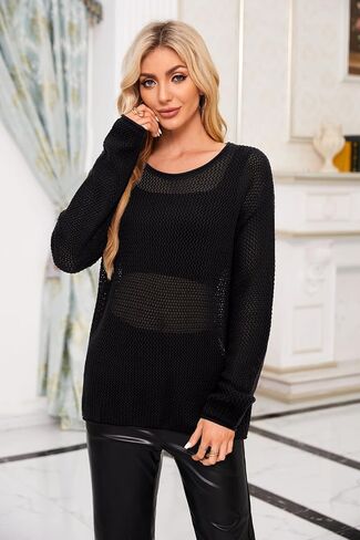 Arach&Cloz 2024 Womens Crochet Tops Wool Blended Sweaters Lightweight Long Sleeve Crew Neck Fall Fashion Knit Outfits in Saudi Arabia