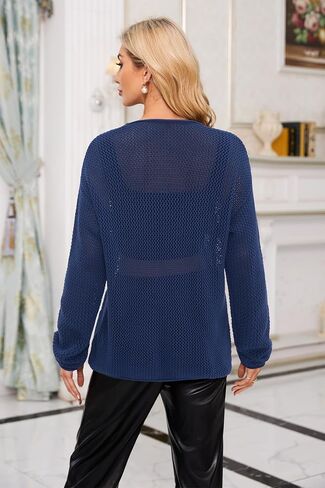 Arach&Cloz 2024 Womens Crochet Tops Wool Blended Sweaters Lightweight Long Sleeve Crew Neck Fall Fashion Knit Outfits in Saudi Arabia