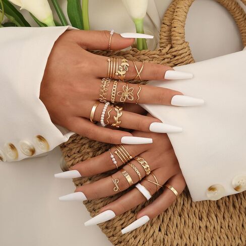 ÌF ME 24 Pcs Gold Vintage Knuckle Rings Set for Women, Boho Dainty Stackable Midi Finger Rings, Snake Butterfly Signet Fashion Ring Pack Jewelry Gifts. (21pcs-14K gold) in Saudi Arabia