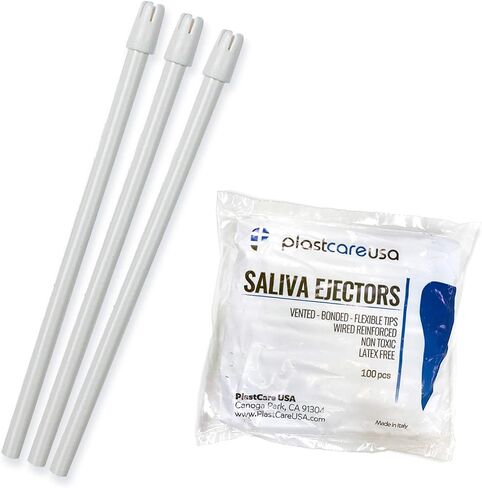100 Dental Saliva Ejectors Disposable - Medical Grade Latex Free Evacuation Suction Tips - Flexible White Tube with White Tip (100 Pack) by PlastCare USA in Saudi Arabia