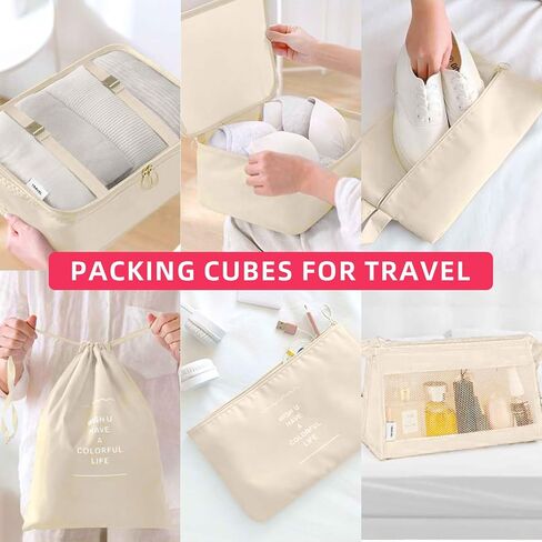 Packing Cubes for Travel - 8 Set Luggage Organizer Bags for Family, Mesh Breathable Travel Essentials Bags Set Durable Travel Packing Cubes for Suitcases Beige in Saudi Arabia