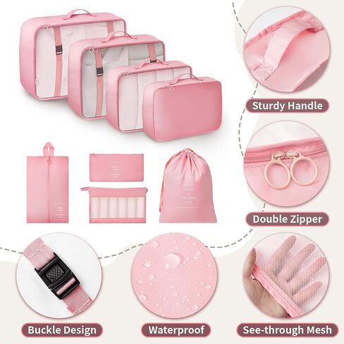 تقول GRANNY SAYS مجموعة أساسيات السفر الوردية، 8 مجموعات من مكعبات التعبئة ومكعبات تعبئة الرفوف المعلقة in Kuwait